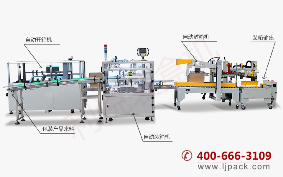 推入式開(kāi)箱裝箱封箱包裝生產(chǎn)線(xiàn)整體展示