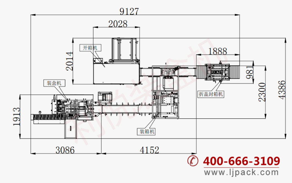推入式開(kāi)箱裝箱封箱包裝生產(chǎn)線(xiàn)機器尺寸圖